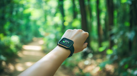 A close-up view of a smartwatch on a wrist, showcasing fitness tracking in a lush green forest. Perfect for themes of health, technology, and outdoor adventure.の素材