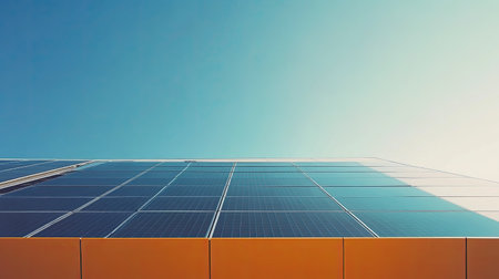 A modern building features solar panels under a clear blue sky. This image highlights renewable energy technology and sustainable architecture.の素材