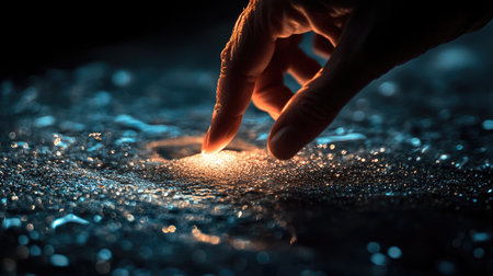 A captivating image of a hand gently touching a glowing water surface, creating ripples that reflect light in a serene nighttime setting.の素材