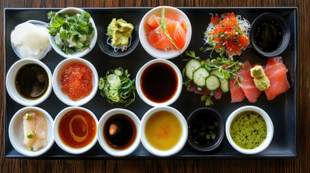 A vibrant display of assorted sushi delicacies arranged on a black platter. Fresh ingredients, colorful garnishes, and various condiments enhance this culinary art.の素材