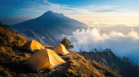 Enjoy a peaceful camping experience with bright yellow tents set against a stunning mountain backdrop, under a vibrant blue sky and soft clouds.の素材