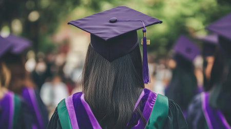 A graduate in a purple cap and gown stands proudly at an outdoor ceremony. The scene captures the essence of celebration and achievement among graduates.の素材