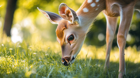 A young deer grazes peacefully in a sunlit meadow, highlighting the beauty of nature and wildlife. This serene moment captures innocence and curiosity in the wild.の素材