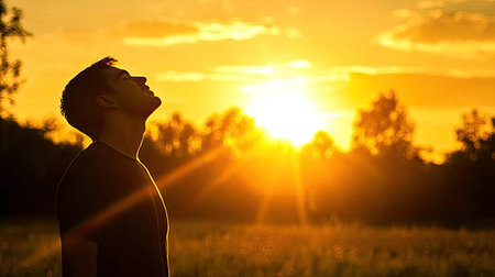 A serene moment captured of a person silhouetted against a stunning sunrise, evoking feelings of tranquility, reflection, and connection with nature.の素材