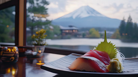 A beautiful sushi plate featuring fresh fish with wasabi, set against the stunning backdrop of a mountain and serene lake. Perfect for food lovers and travelers.の素材