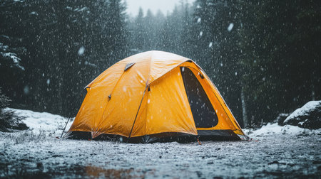 A bright orange tent stands out in a snowy forest, showcasing adventure and resilience in winter conditions. Perfect for outdoor enthusiasts seeking tranquility.の素材