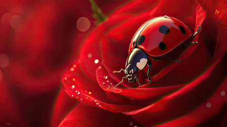 A stunning close-up of a ladybug delicately perched on a vibrant red rose petal, showcasing the beauty of nature and intricate details of flora and fauna.の素材