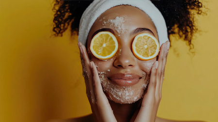 A joyful woman enjoys a refreshing facial treatment with lemon slices on her eyes, showcasing a vibrant, cheerful atmosphere perfect for skincare.の素材