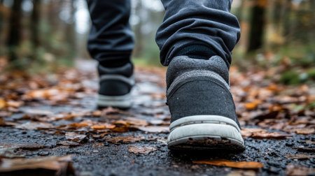A close-up view of a person walking on a leaf-covered path in a serene natural setting, highlighting autumn vibes and the beauty of the outdoors.の素材
