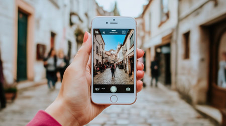 A hand holds a smartphone capturing a lively street scene with charming architecture and people strolling. Ideal for travel and lifestyle themes.の素材