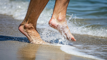 A close-up of feet splashing in warm shallow water on a sunny beach. The natural movement captures the joy of summer adventures and relaxation by the shore.の素材