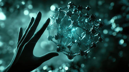This image features a hand reaching towards a stylized molecular structure, capturing the intersection of science and technology in an abstract aesthetic.の素材