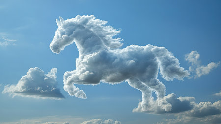 A whimsical cloud formation resembling a galloping horse in a clear blue sky. This surreal image captures a moment of beauty and imagination, inspiring creativity.の素材