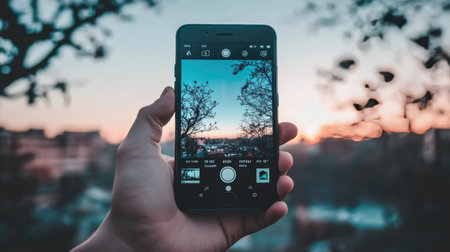 A hand holds a smartphone capturing a scenic view at sunset. The warm colors of the sky blend beautifully with the silhouettes of trees and city. Perfect for illustrating tech and nature connection.の素材