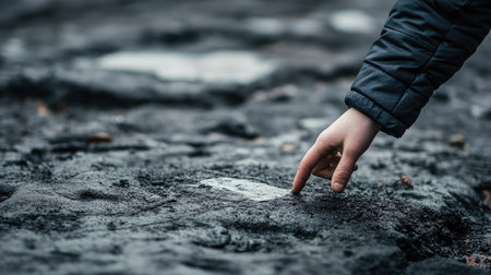 A close-up view of a hand gently touching a textured dark surface, highlighting the interaction between the human element and natural materials.の素材