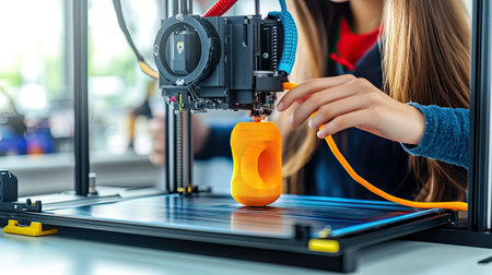 A close-up view of a person operating a 3D printer, creating an intricate orange object, showcasing the innovative process of modern design and technology.の素材
