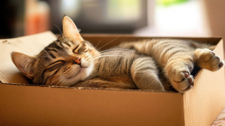 A cute tabby cat sleeps peacefully in a cozy cardboard box, showcasing the charm and comfort of domestic pets. Perfect for animal lovers and cat enthusiasts.の素材