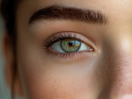 Close-up of a woman face showcasing timeless beauty, soft skin, and perfect symmetry, highlighted by natural lightの素材