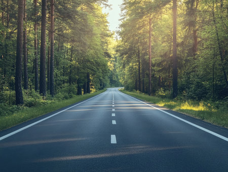 A freshly paved asphalt highway cutting through a dense forest, with tall trees lining both sides of the road and sunlight filtering through.の素材