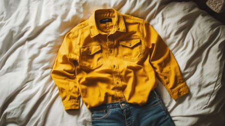 A bright yellow shirt paired with jeans, laid out neatly on a bed, ready for a sunny day outの素材