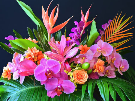 Tropical flowers in a bright arrangement, featuring orchids, bird-of-paradise, and palm leaves, creating an exotic feelの素材