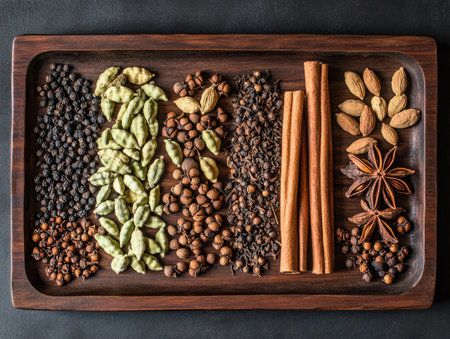 a selection of chai tea spices arranged beautifully on a wooden tray, including cinnamon, cardamom, cloves, and black pepper.の素材