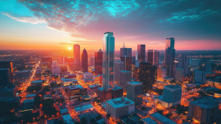 a bustling big city skyline at sunset, with skyscrapers, busy streets, and glowing lights, capturing the energy of urban life.の素材