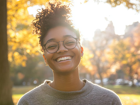 a person with a big smile on their face, standing in a sunlit park, with joy and happiness clearly visible in their expression.の素材