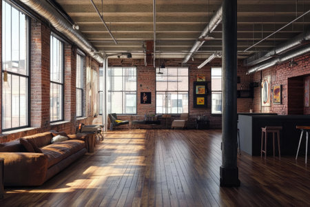 A spacious loft with matte wood floors, industrial-style and exposed brick walls, creating a perfect blend of modern and rustic elements.の素材