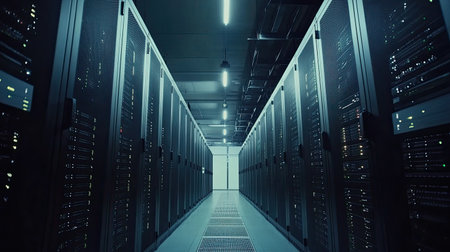 a data storage facility filled with high-tech servers, representing the vast infrastructure needed to store digital information.の素材