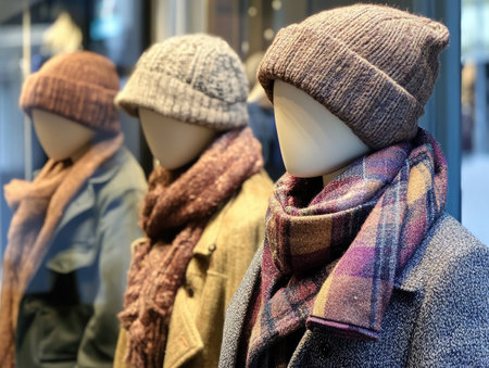 a display of fashionable winter clothing on mannequins, showcasing stylish jackets, scarves, and hats in a boutique window.の素材