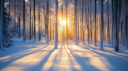 a peaceful winter forest covered in a blanket of snow, with sunlight streaming through the trees, casting long shadows.の素材