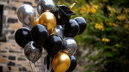 a graduation balloon bouquet with black, gold, and silver balloons, including a foil balloon shaped like a graduation cap.の素材