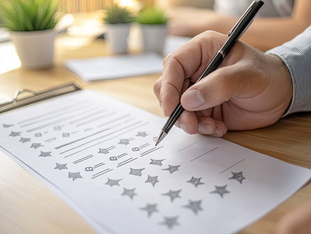 a manager reviewing employee feedback forms on a desk, preparing for a performance review meeting in a corporate office.の素材