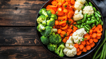 a top view of mixed vegetables, including broccoli, cauliflower, carrots, and green beans, arranged neatly on a wooden table.の素材