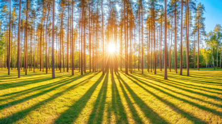 A stunning wide-angle view of tall pine trees in a vibrant grove, showcasing sunlight filtering through branches and casting long shadows on the green grass.の素材