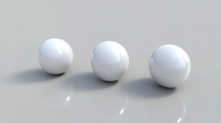 This artwork features a serene arrangement of three glossy spheres floating above a smooth surface, embodying modern minimalist design principles and tranquility.の素材