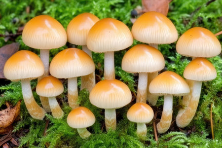 A vibrant group of yellow mushrooms grows naturally on a lush green forest floor, showcasing the beauty and diversity of woodland fungi in their habitat.の素材