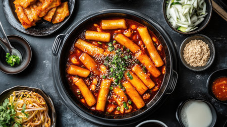 This vibrant dish features spicy rice cakes topped with herbs and sesame. Perfect for showcasing Korean cuisine's rich flavors and textures in a meal.の素材