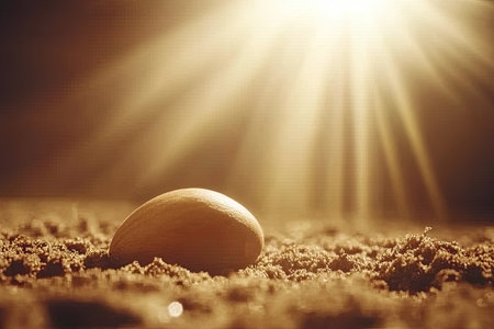 A solitary egg rests on a sandy surface, illuminated by warm sunlight. This serene capture evokes feelings of tranquility and simplicity in nature.の素材