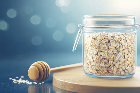 Close-up of oats in a glass jar with a wooden spoon and honey. Perfect for breakfast or snacks, showcasing healthy ingredients and natural flavors.の素材