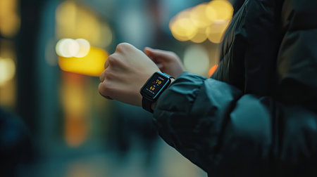 A close-up of a stylish smartwatch on a person's wrist in an urban setting, showcasing modern technology against a soft-focus background, perfect for lifestyle themes.の素材