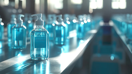 A serene arrangement of blue liquid bottles on a countertop, showcasing modern design and a focus on cleanliness. Ideal for health and hygiene themes.の素材
