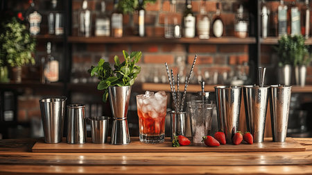 A vibrant bar setup showcasing fresh cocktails, shiny bar tools, and garnishes. Perfect for mixology enthusiasts and hospitality-themed projects.の素材