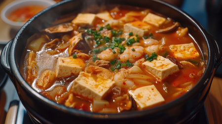 A mouthwatering hot soup featuring shrimp, tofu, and vibrant vegetables, served steaming in a bowl, perfect for a cozy meal or gourmet dining experience.の素材