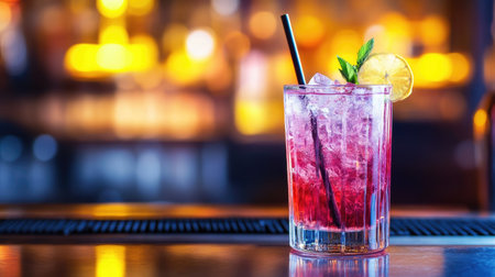 A vibrant cocktail featuring ice, mint, and a lime slice, perfect for summer gatherings. The colorful drink sits elegantly at a bar, enhancing the nightlife atmosphere.の素材