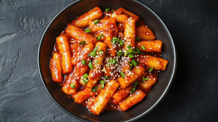 A vibrant bowl of spicy Korean rice cakes topped with green onions and sesame seeds, showcasing a comforting and delicious dish perfect for any meal.の素材