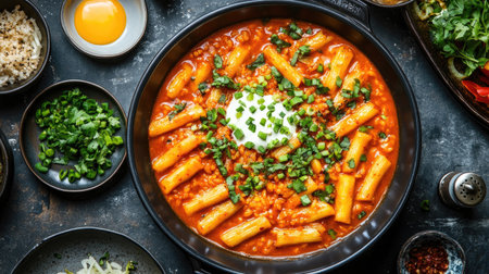 A vibrant pasta dish featuring rigatoni in a rich sauce, topped with fresh herbs and creamy ingredients. Perfect for a cozy meal or dinner gathering.の素材