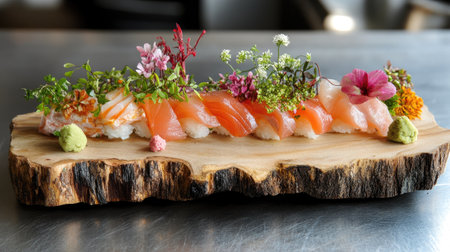 A beautifully arranged sushi platter featuring fresh salmon and vibrant edible flowers on a rustic wooden board, showcasing culinary creativity and elegance.の素材