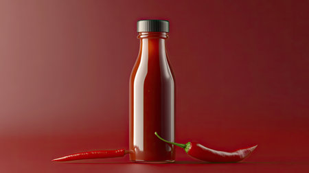 A vibrant glass bottle of spicy chili sauce with fresh red peppers set against a rich red background. Perfect for culinary themes and food photography.の素材